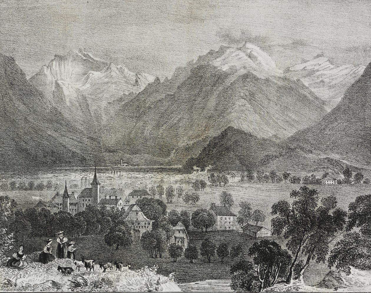 Uitzicht op Interlaken, Zwitserland, lithografie door Salvatore Puglia uit Poliorama Pittoresco, nr. 36, 16 april door Salvatore Puglia