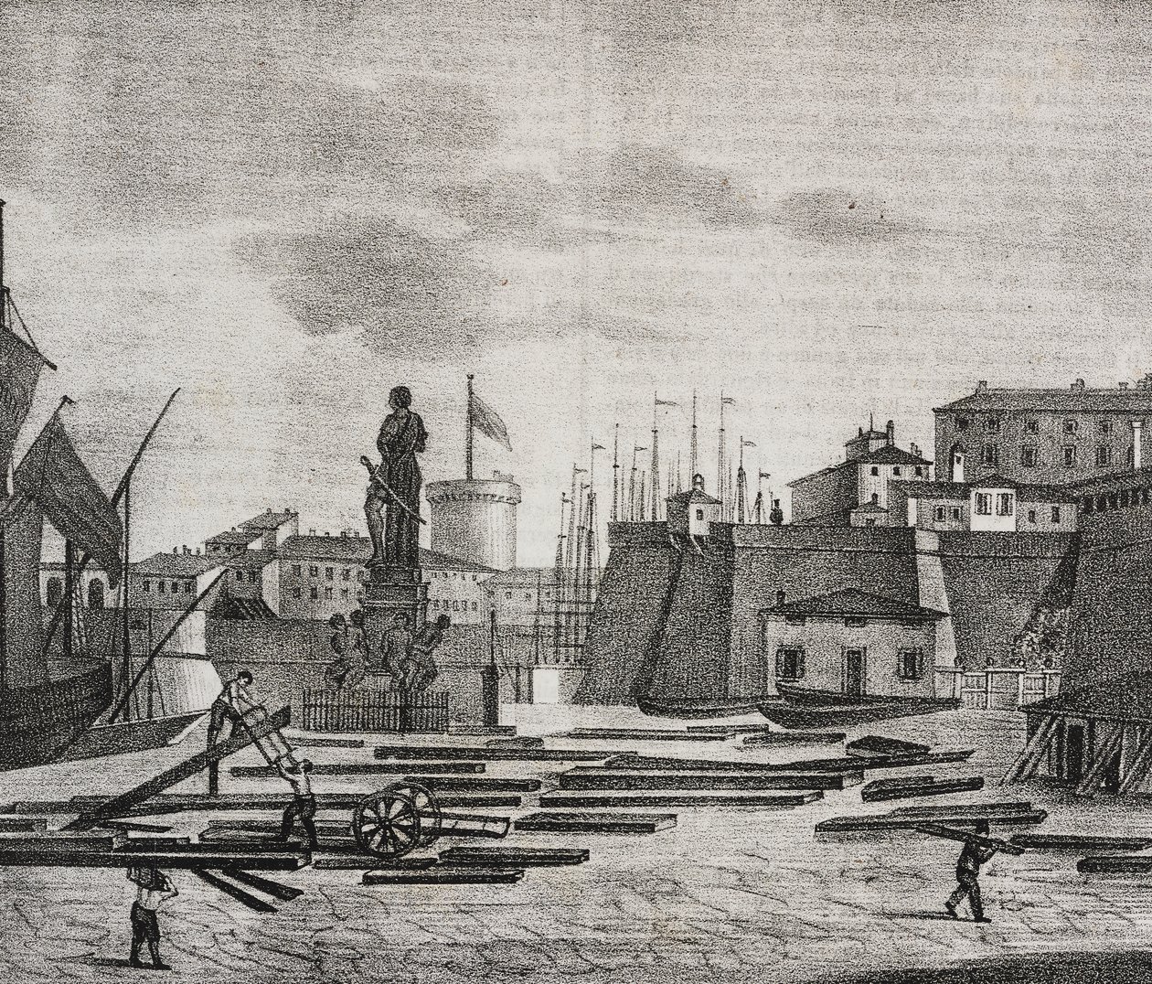 Zicht op de haven van Livorno, Toscane, Italië. Lithografie door Salvatore Puglia uit Poliorama Pittoresco door Salvatore Puglia
