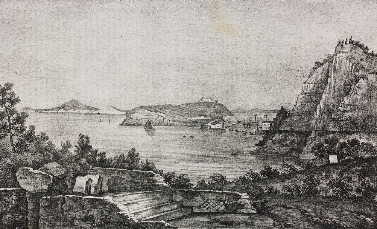 Uitzicht op Posillipo vanaf het terras van monseigneur Di Pietro, Campania, Italië, lithografie uit Poliorama Pittoresco, nr. 32, 16 maart door Salvatore Puglia