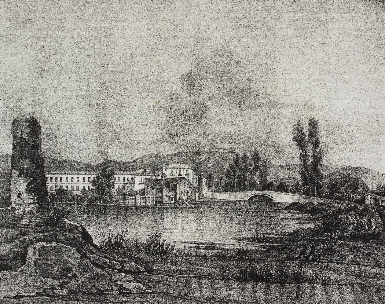 Uitzicht op Santa Restituta fabriek en kerk aan de oevers van de Fibreno-rivier in Cornello, Lazio, Italië, lithografie door Salvatore Puglia naar tekening van Raffaele Carelli, uit Poliorama Pittoresco, nr. 16, 26 november door Salvatore Puglia