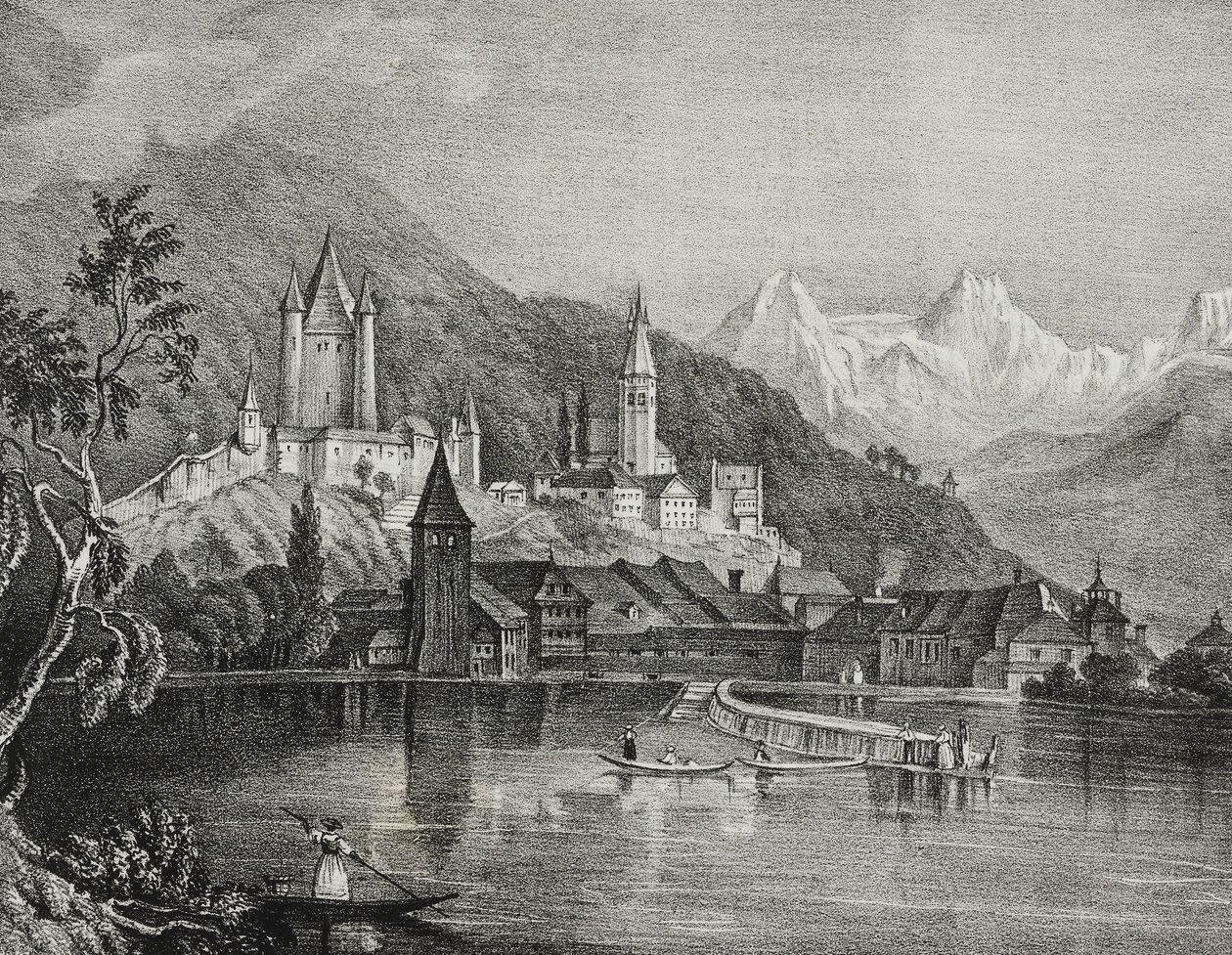 Uitzicht op Thun, Kanton Bern, Zwitserland, lithografie door Salvatore Puglia uit Poliorama Pittoresco, nr. 35, 9 april door Salvatore Puglia