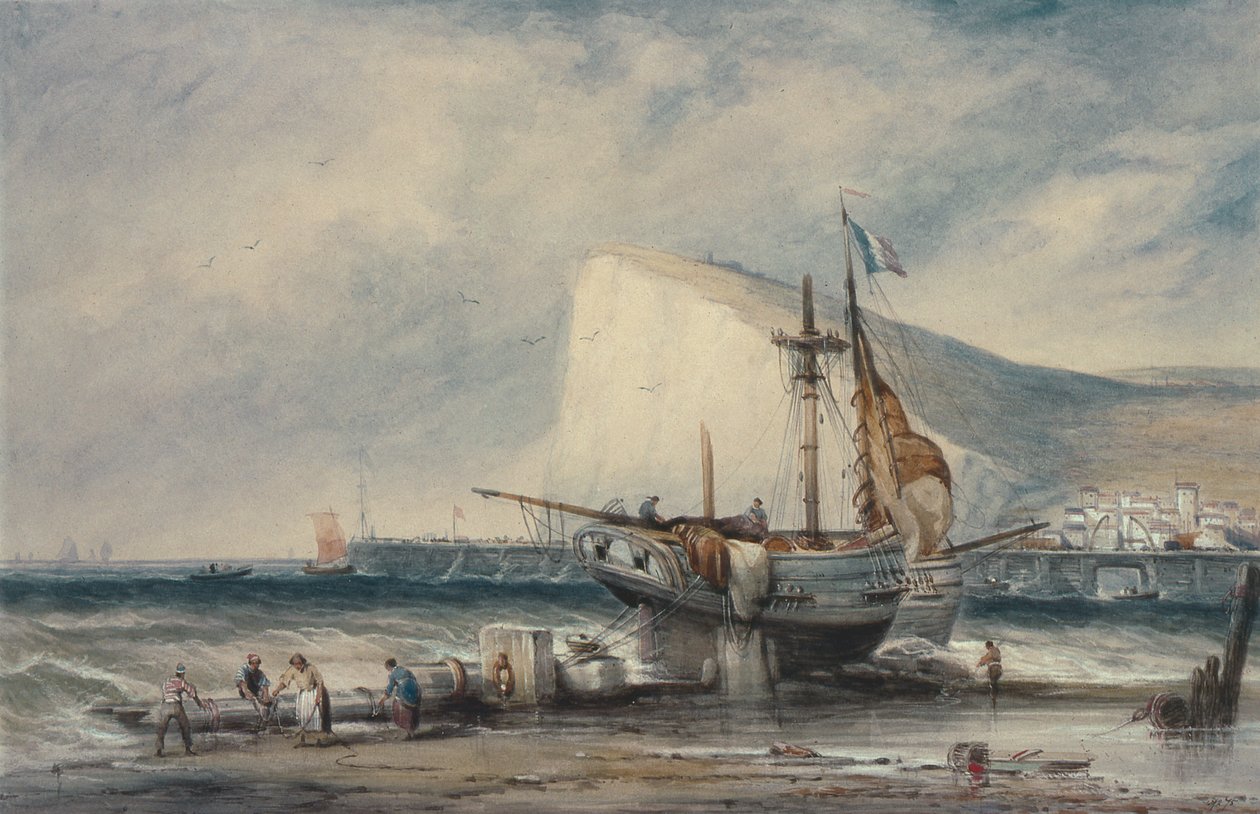 Shakespeares Klif, Dover, met Luggers op het Strand door Samuel Austin