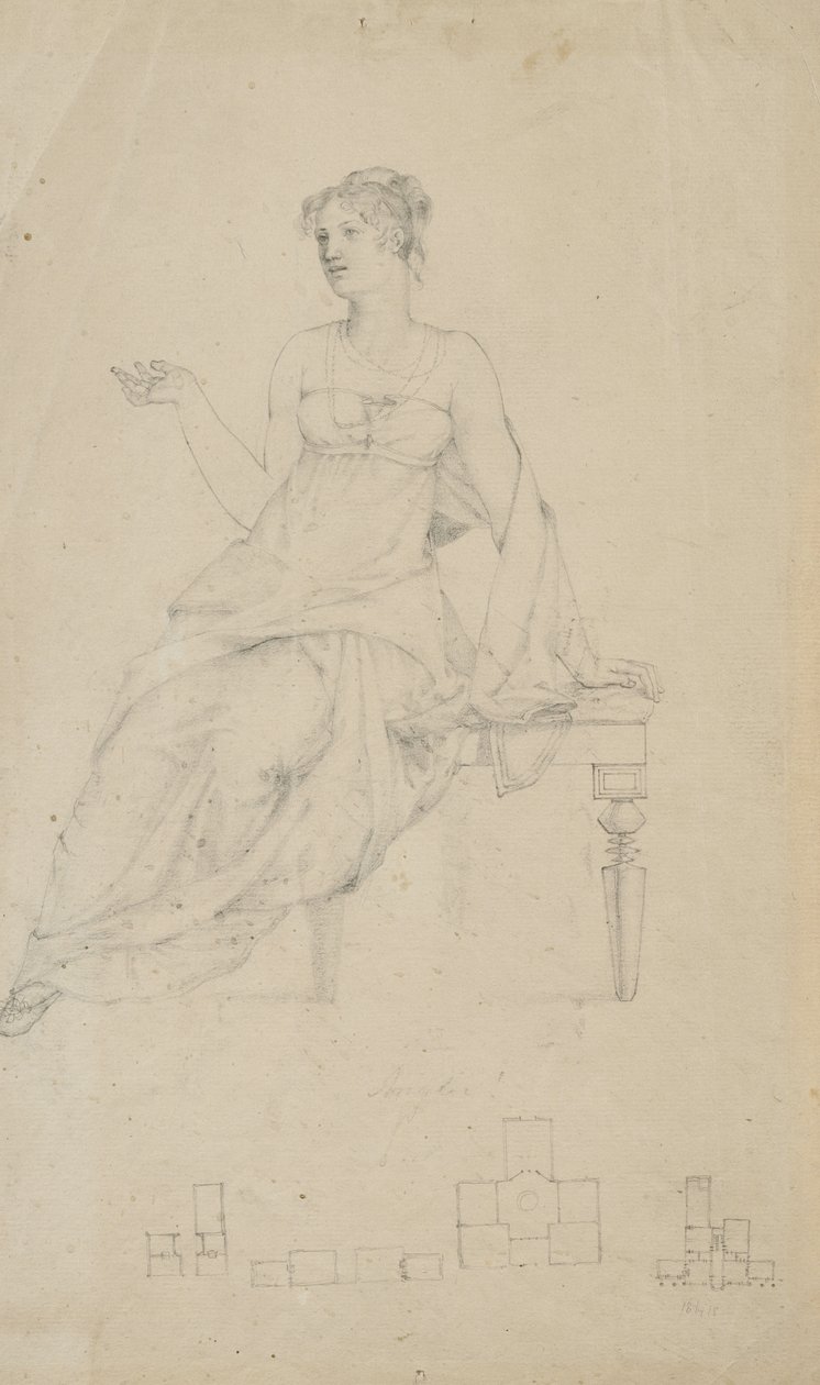 Vrouw zittend op een bank en vier plattegronden door Samuel Finley Breese Morse