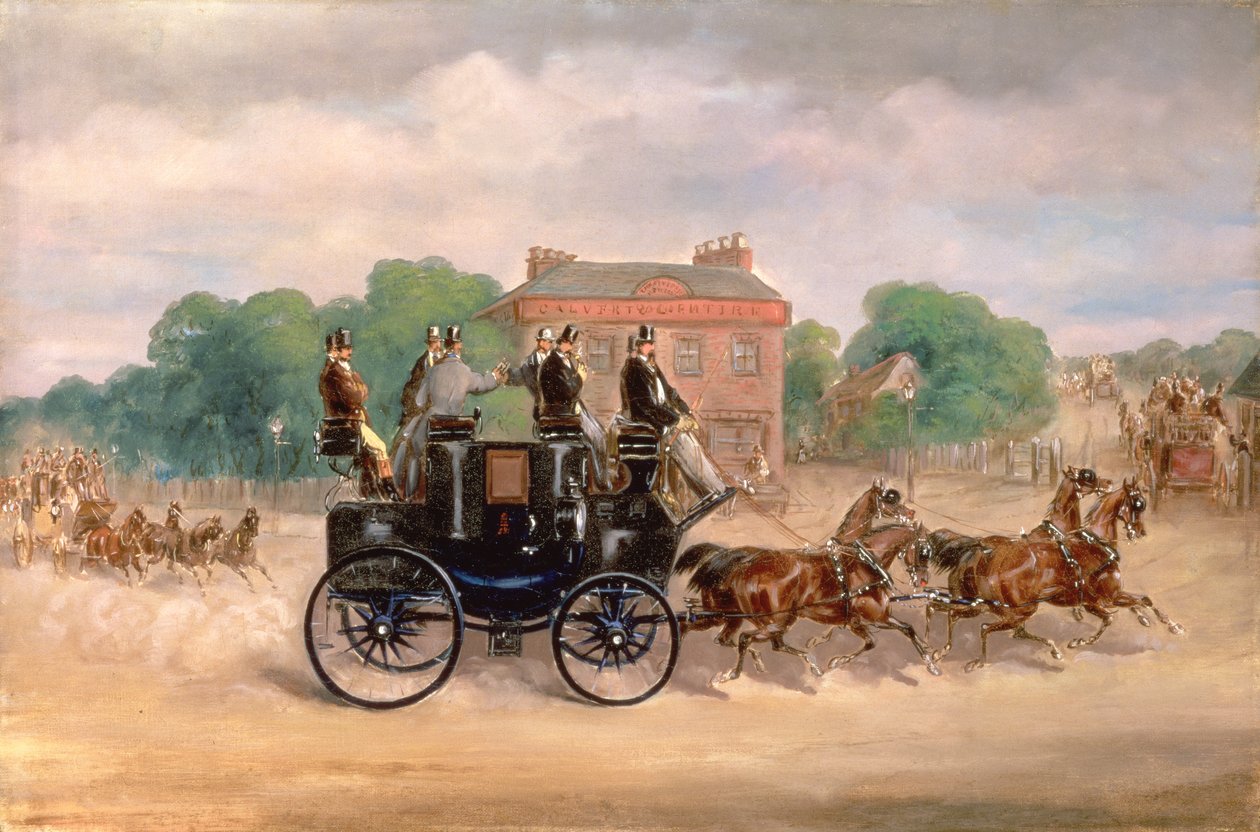 Drags van de Four-in-Hand Club passeren Five Bells Tavern, New Cross door Samuel Henry Alken