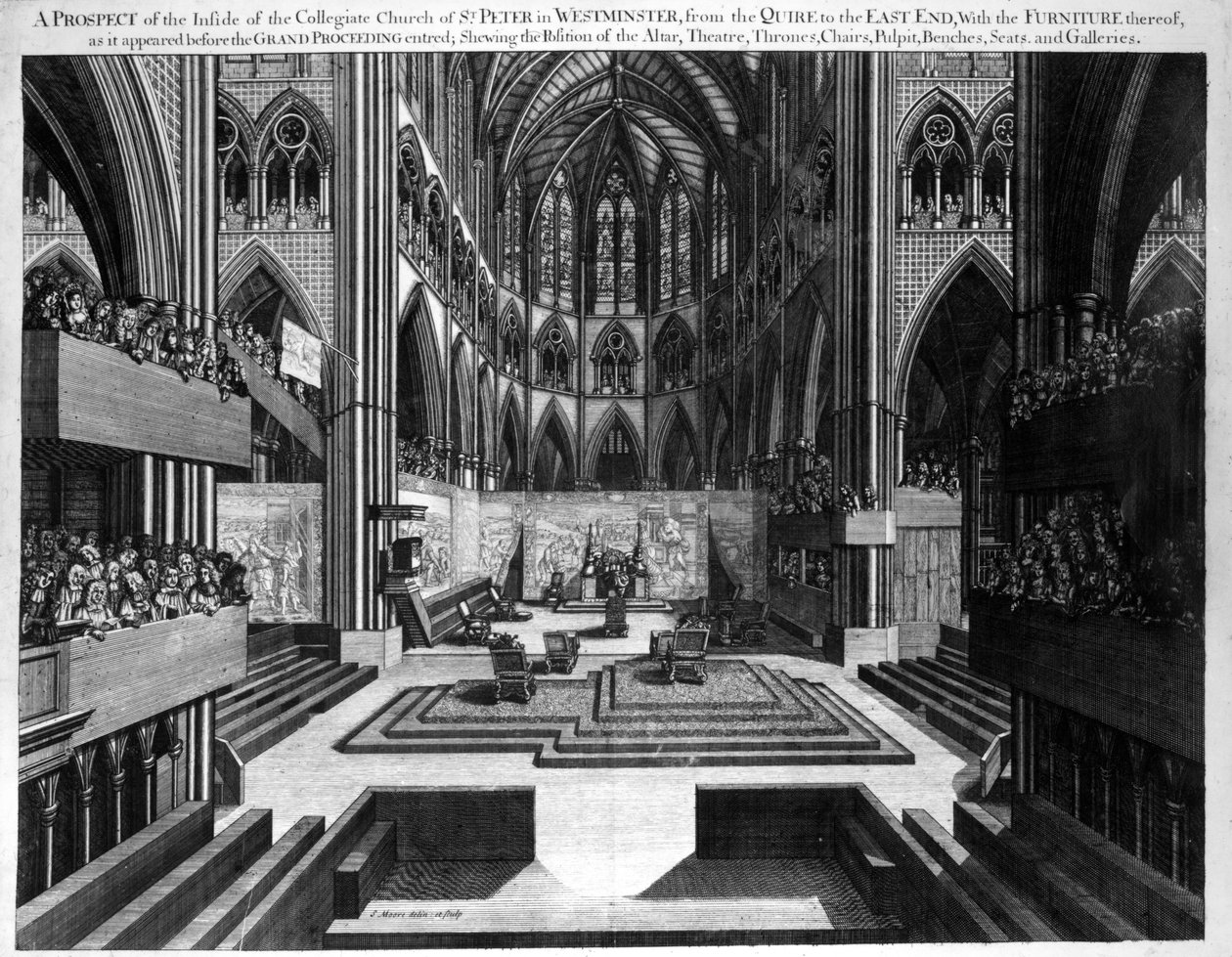 Een uitzicht van de binnenkant van de collegiale kerk van St. Peter in Westminster (Westminster Abbey) voor de kroning van James II (1633-1701) 1688 door Samuel Moore
