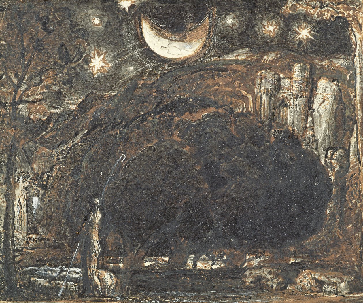 Een herder en zijn kudde onder de maan en sterren, ca. 1827 door Samuel Palmer