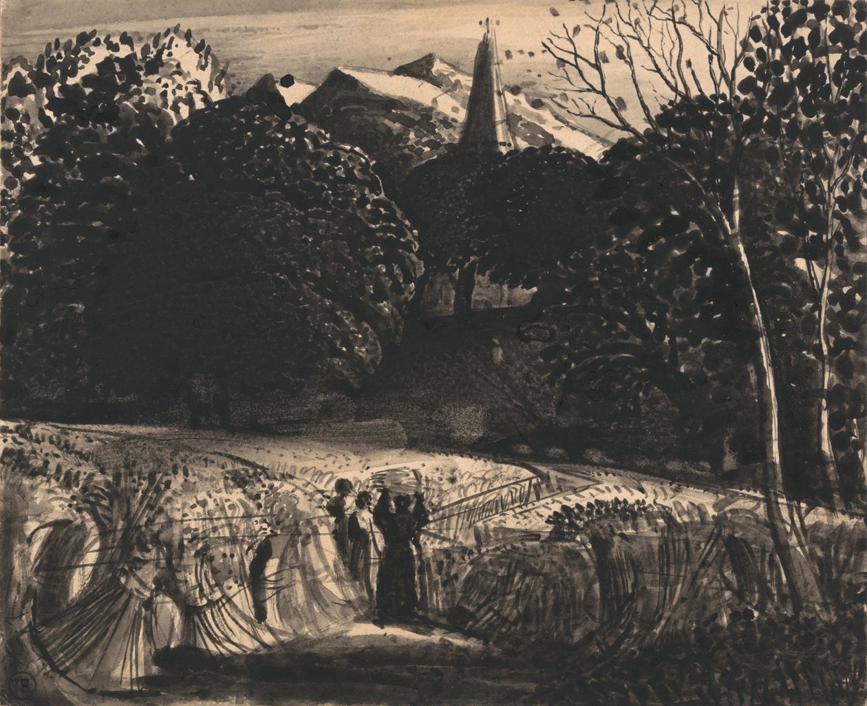 Korenveld en Kerk bij Maanlicht door Samuel Palmer