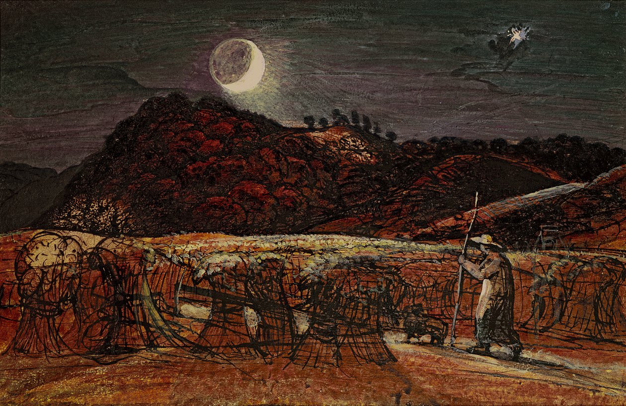 Korenveld bij maanlicht, met de avondster, c.1830 door Samuel Palmer