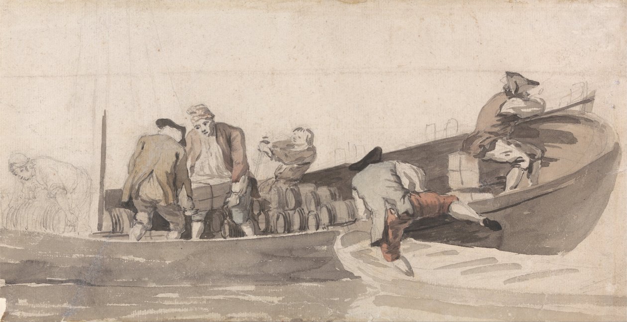Mannen laden een boot met vaten door Samuel Scott
