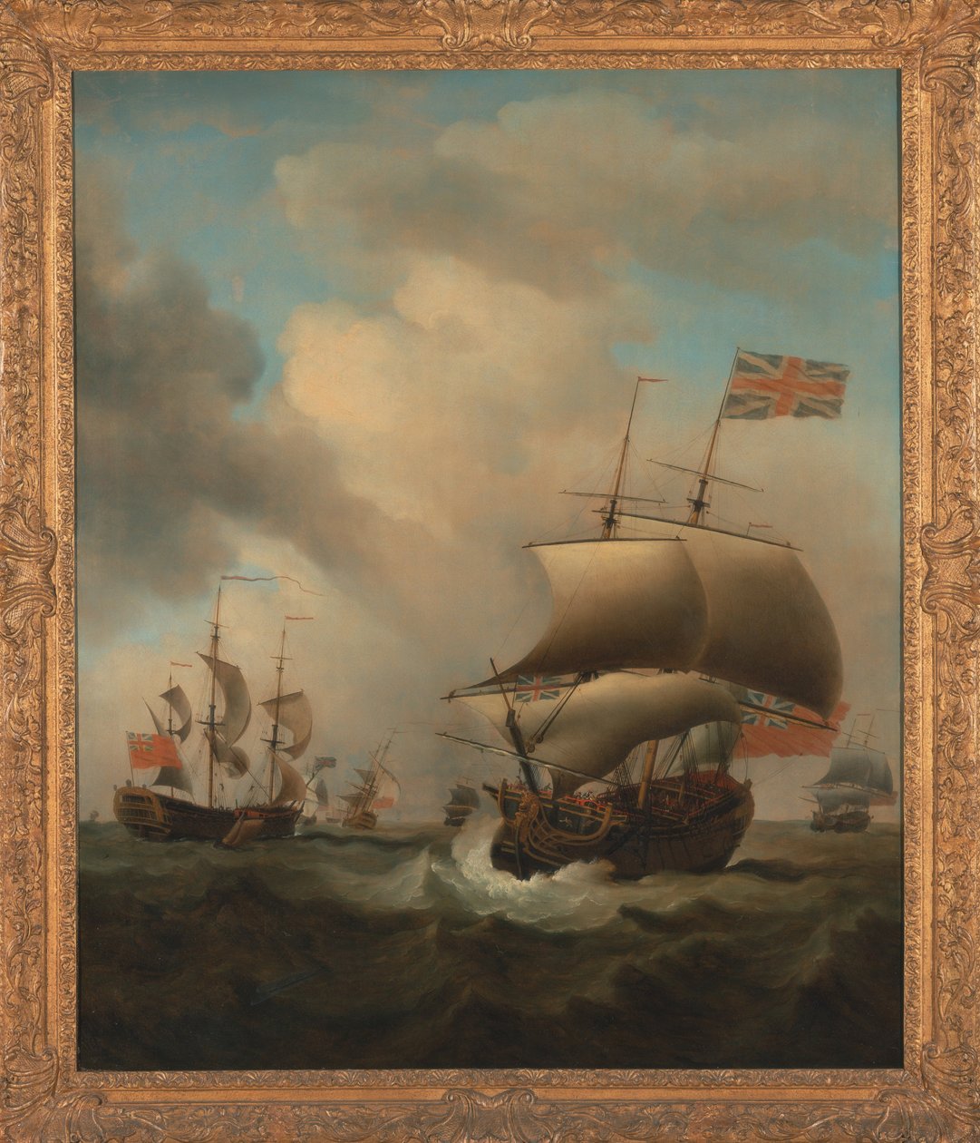 Schepen in een woelige zee door Samuel Scott