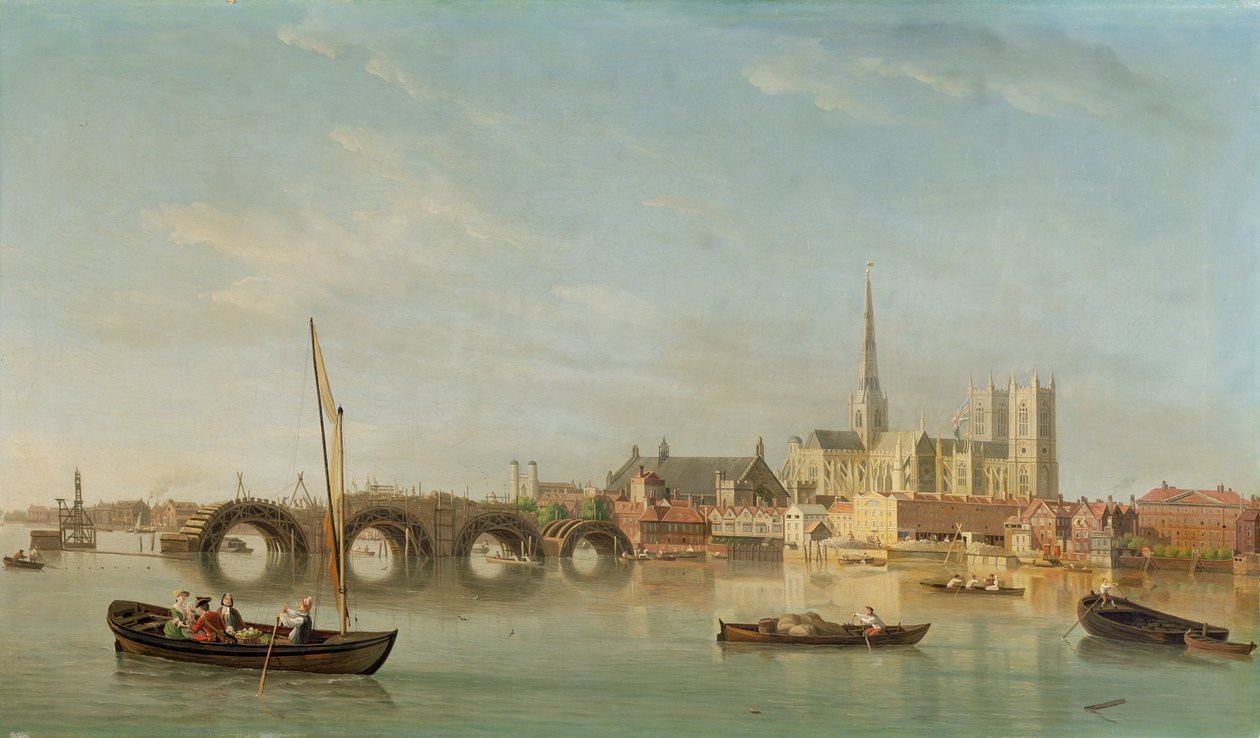 De bouw van Westminster Bridge met een denkbeeldig uitzicht op Westminster Abbey, c.1742 door Samuel Scott