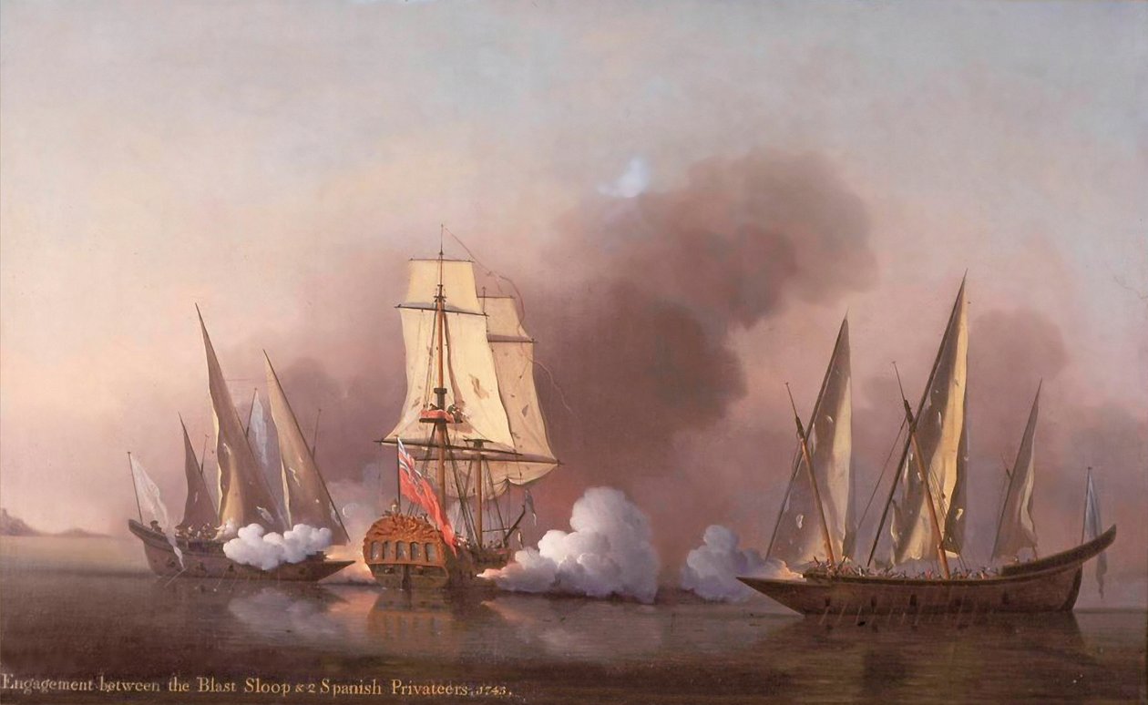 Het Gevecht tussen de Blast Sloep en twee Spaanse Kapers, 1745 door Samuel Scott