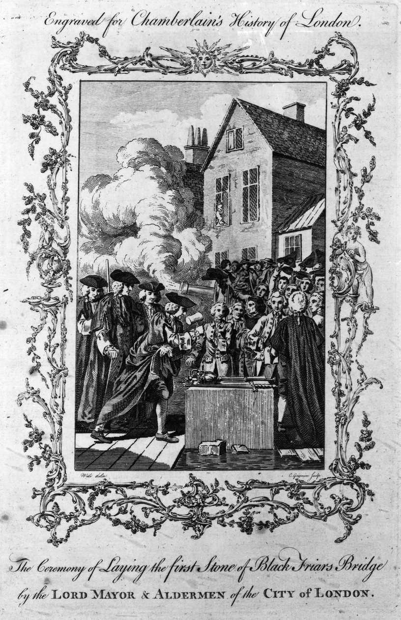 De ceremonie van het leggen van de eerste steen van Blackfriars Bridge door de Lord Mayor en wethouders van de stad Londen, gegraveerd door Charles Grignion, 1760 door Samuel Wale