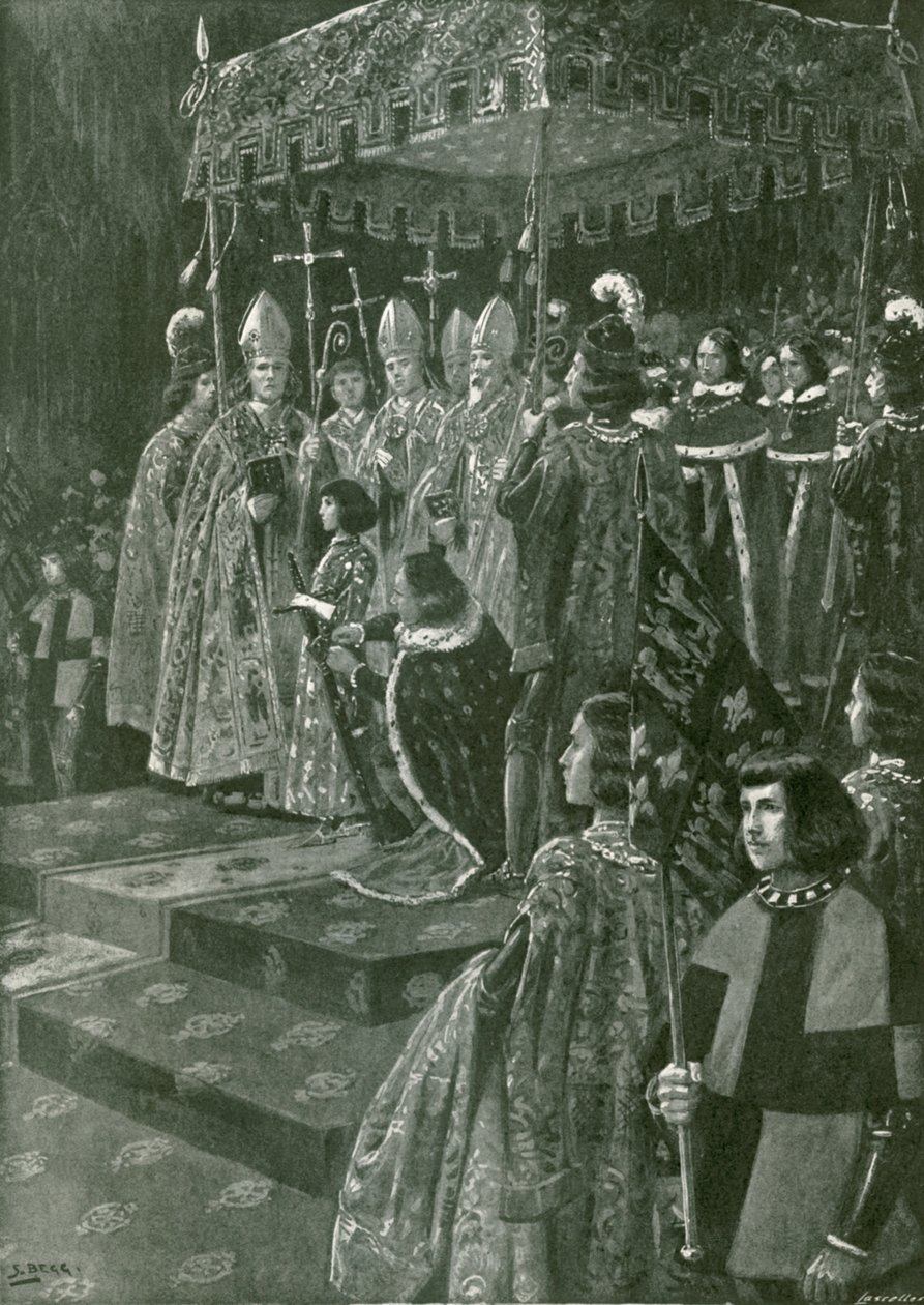 De overhandiging van de sporen en het zwaard bij de kroning van Hendrik VI (litho) door Samuel (after) Begg