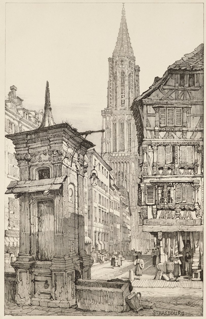 De Rue Mercière en westelijke gevel van de kathedraal van Straatsburg door Samuel (after) Prout