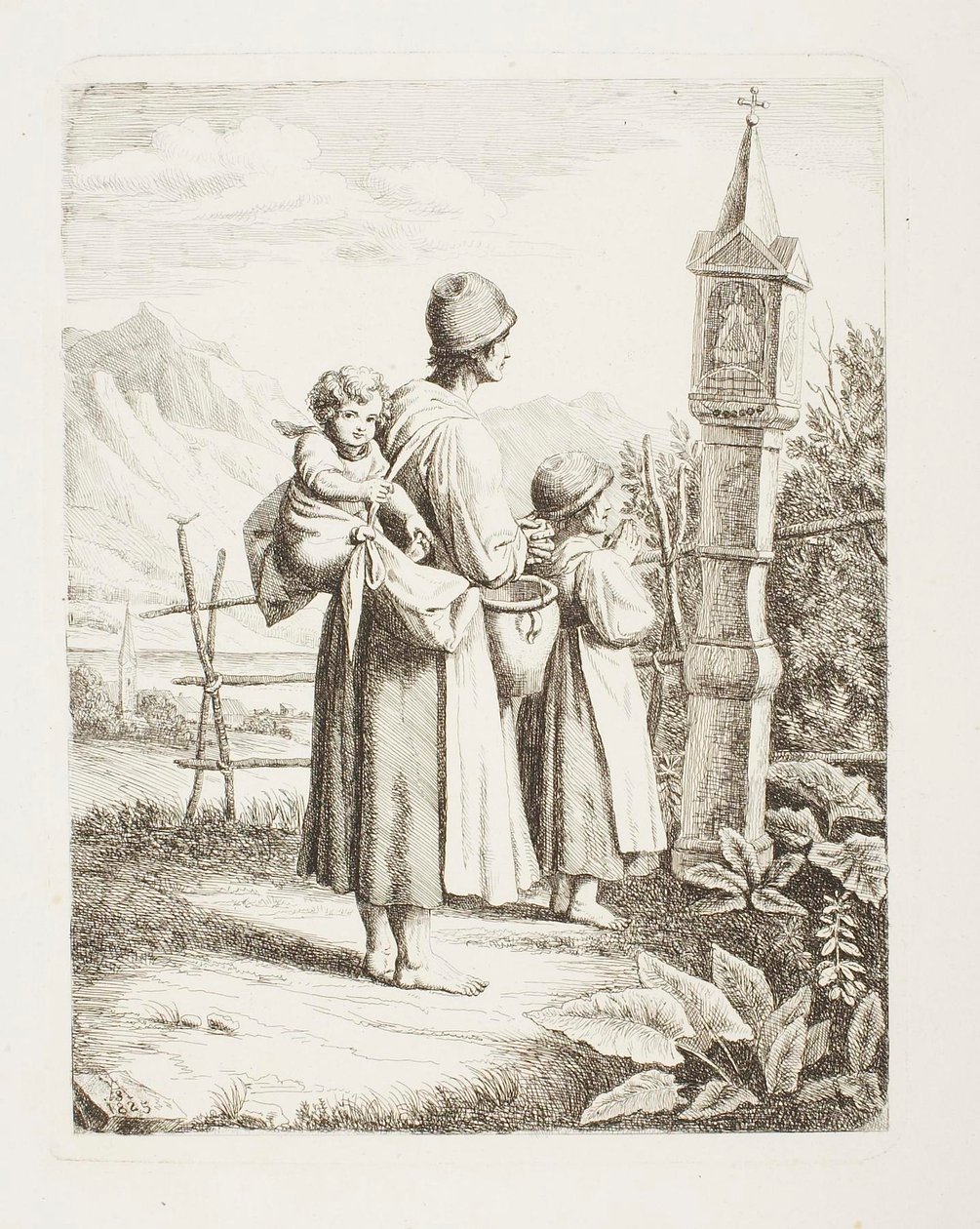 Bedelares met twee kinderen voor een Madonna-afbeelding op weg naar Tirol door Samuel Amsler