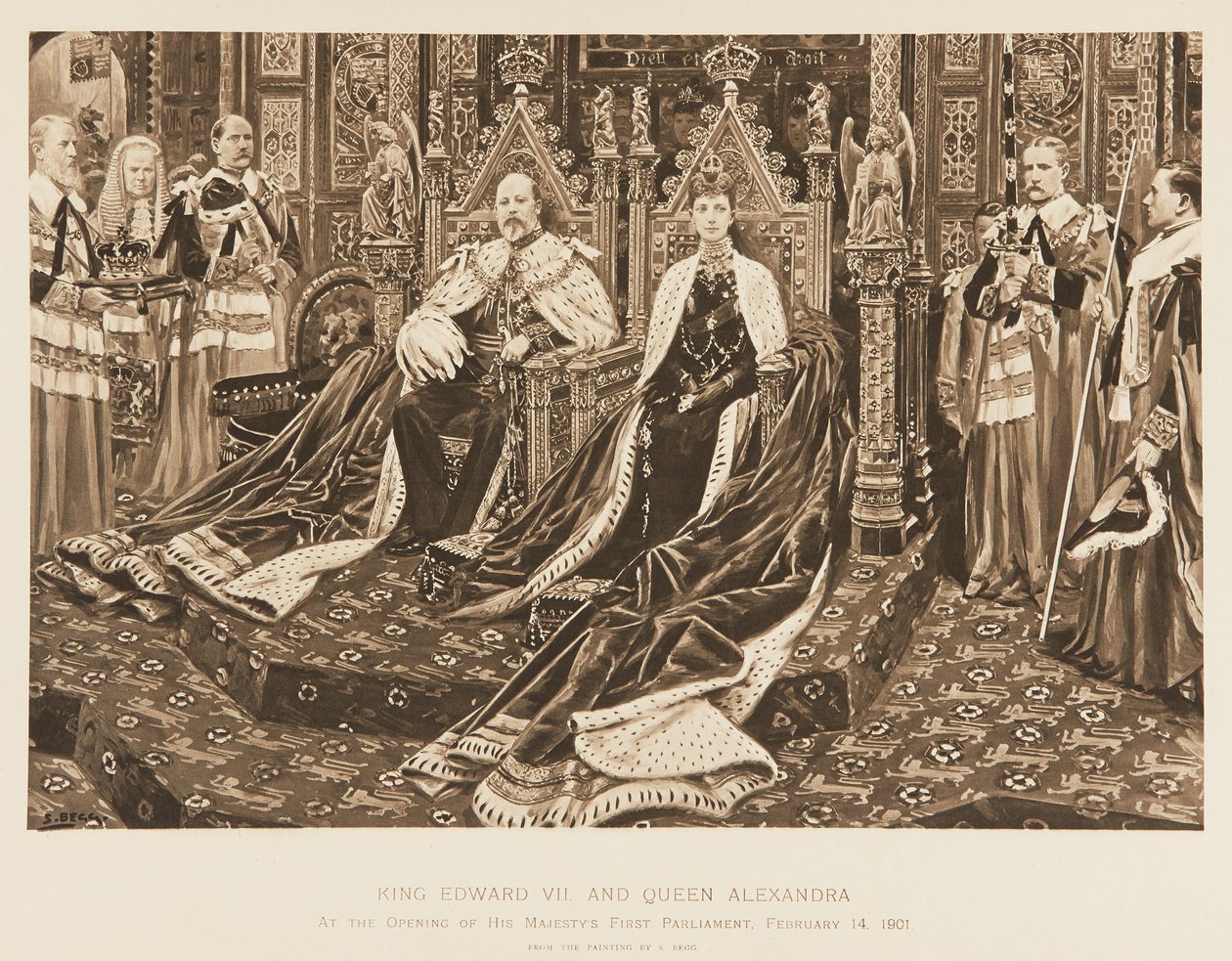 Koning Edward VII en koningin Alexandra in het parlement door Samuel Begg