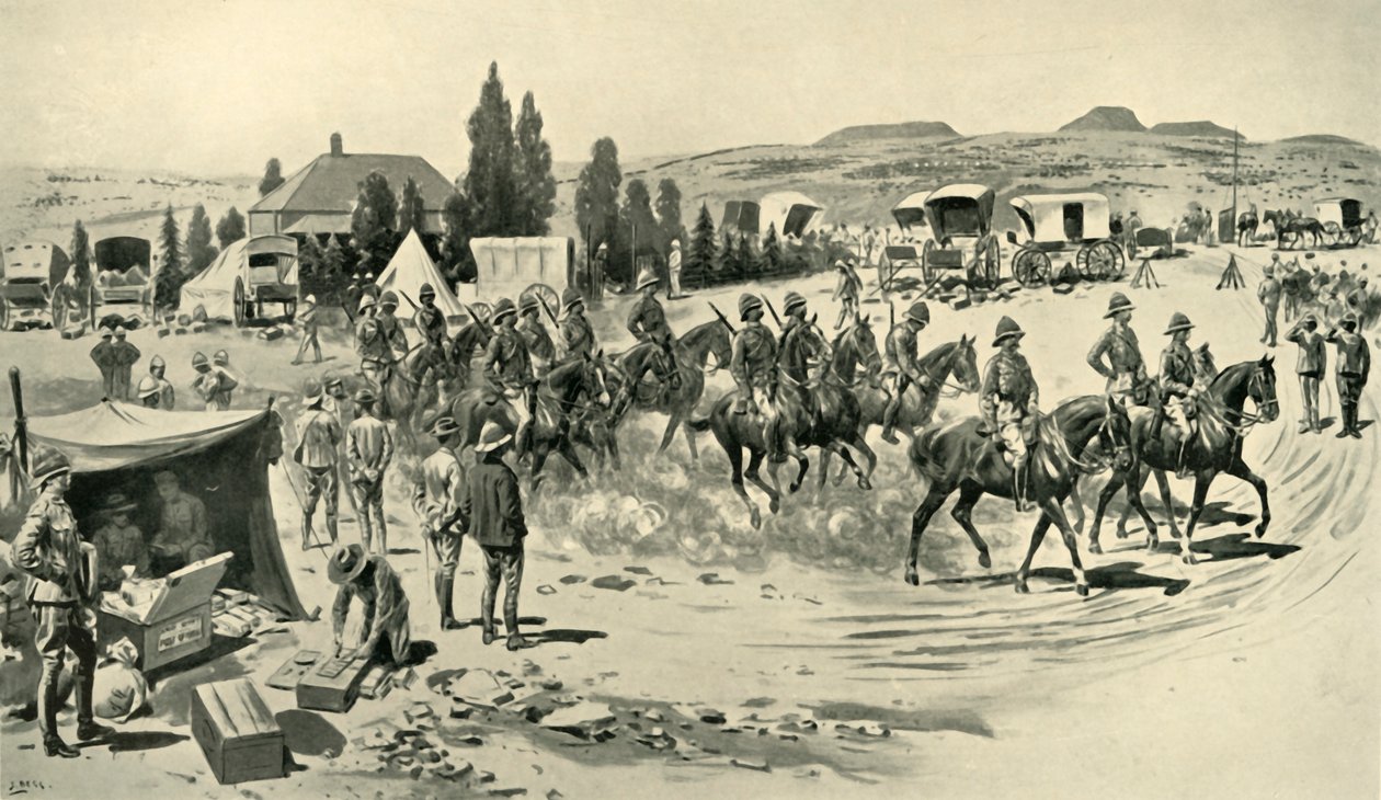 Lord Roberts en Staf Vertrekken voor een Verkenning vanaf Hoofdkwartier in Smaldeel, 1901 door Samuel Begg