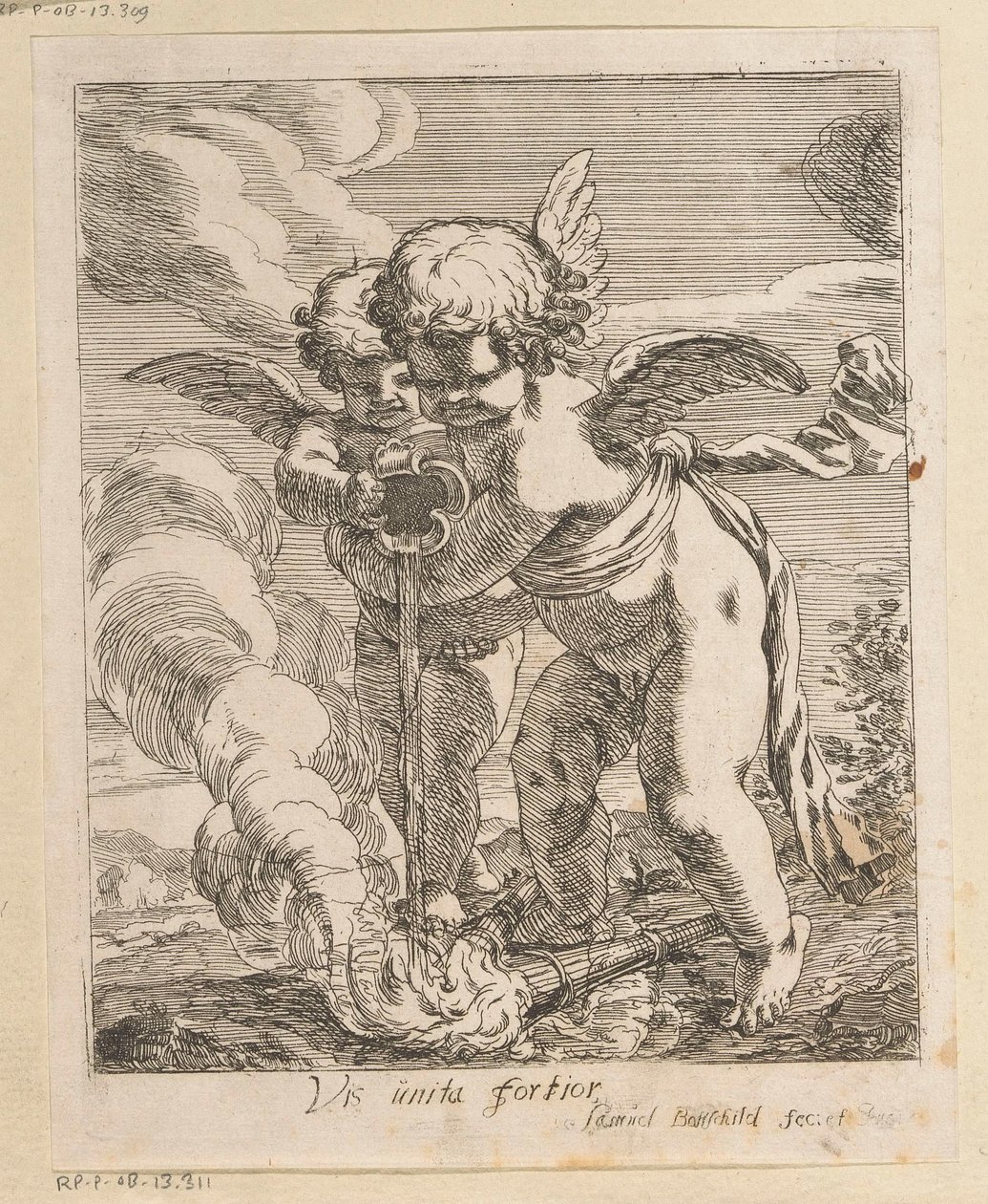 Twee putti blussen fakkels door Samuel Bottschild