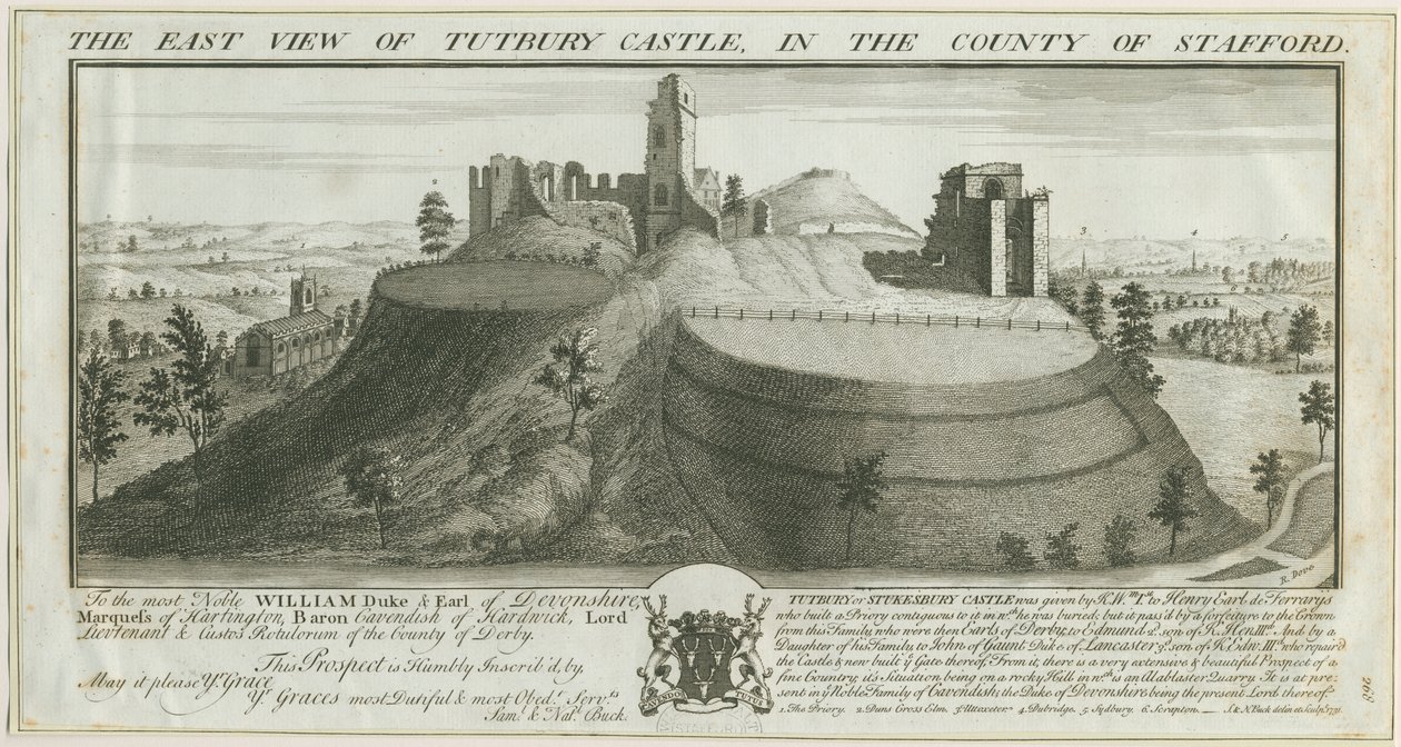 Tutbury Castle - Oostaanzicht (gravure) door Samuel Buck