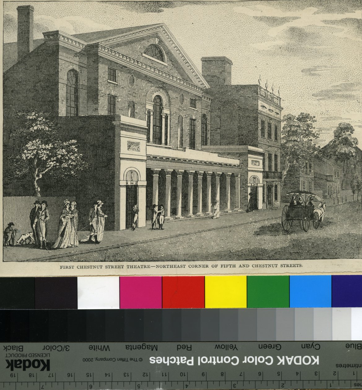 Eerste Chestnut Street Theatre, noordoostelijke hoek van Fifth en Chestnut Streets, ca. 1820 (houtsnede) door Samuel Castner
