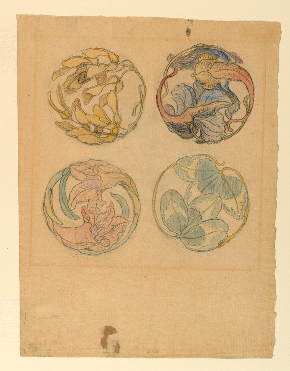 Tekening, Bloemstudies (Vier ontwerpen voor cirkelvormige ornamenten), 1880-90 door Samuel Colman