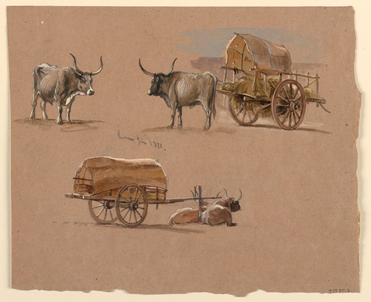 Tekening, Ossenkarren, Rome, Italië, januari 1873 door Samuel Colman
