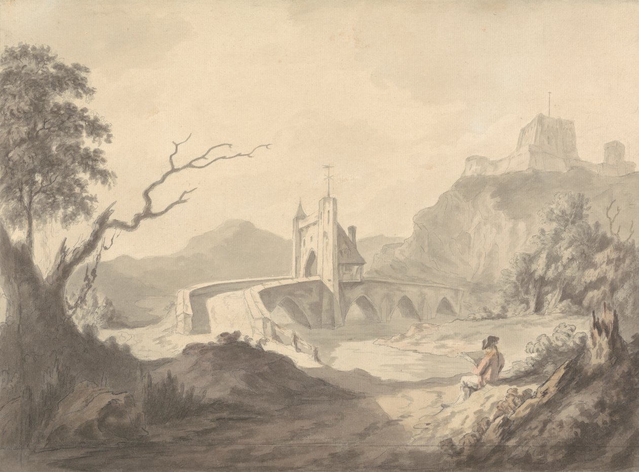 Rivierscène en Brug met Kunstenaar die in de Voorgrond Schetst door Samuel Davis