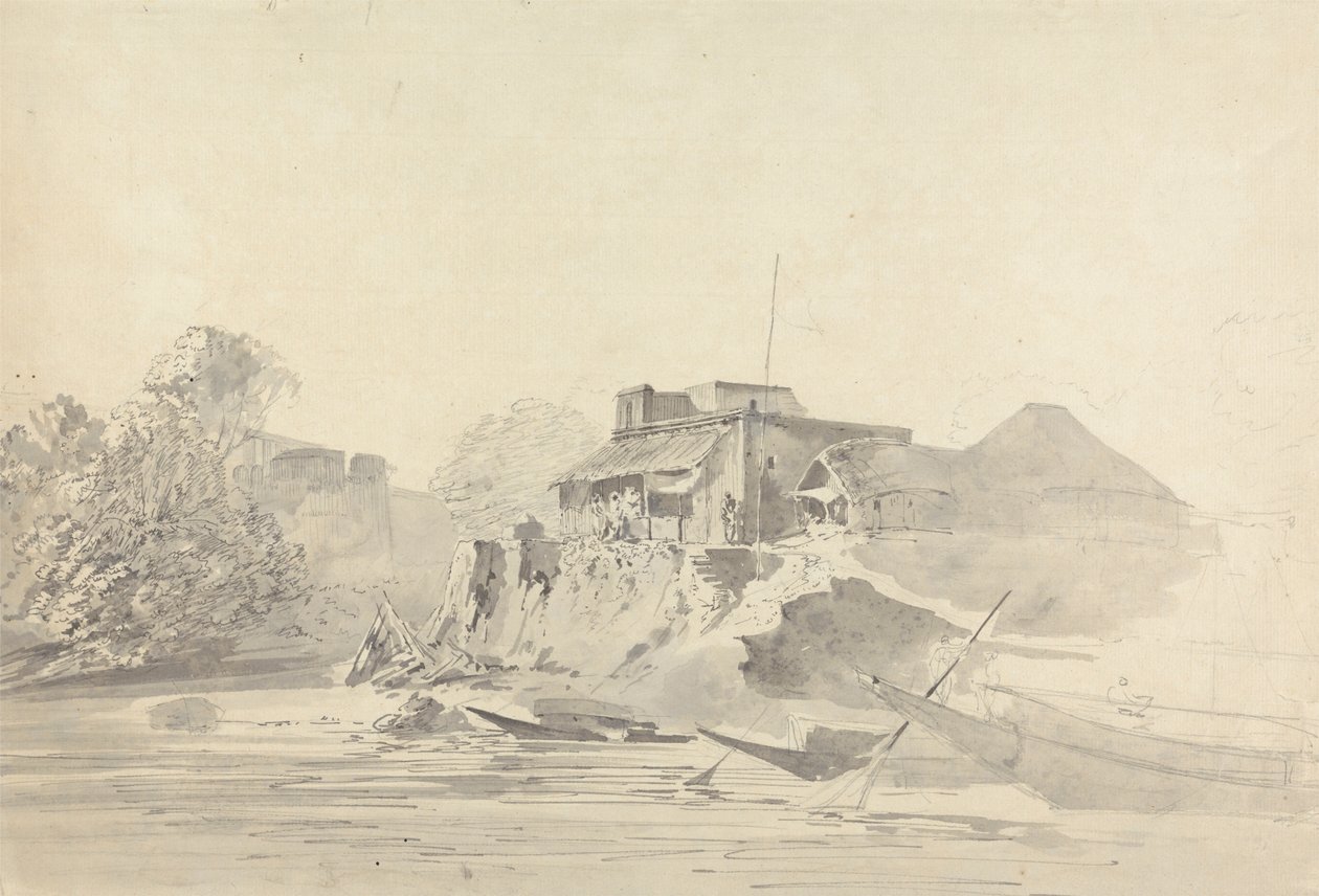 Rivierscène met inheemse gebouwen door Samuel Davis