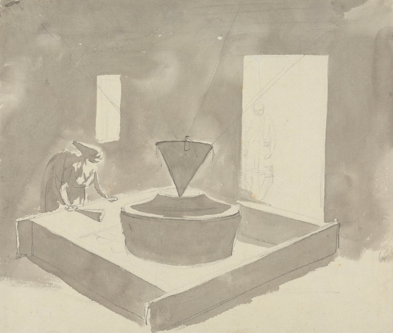 Vrouw die een apparaat bedient (meelmolen?) door Samuel Davis