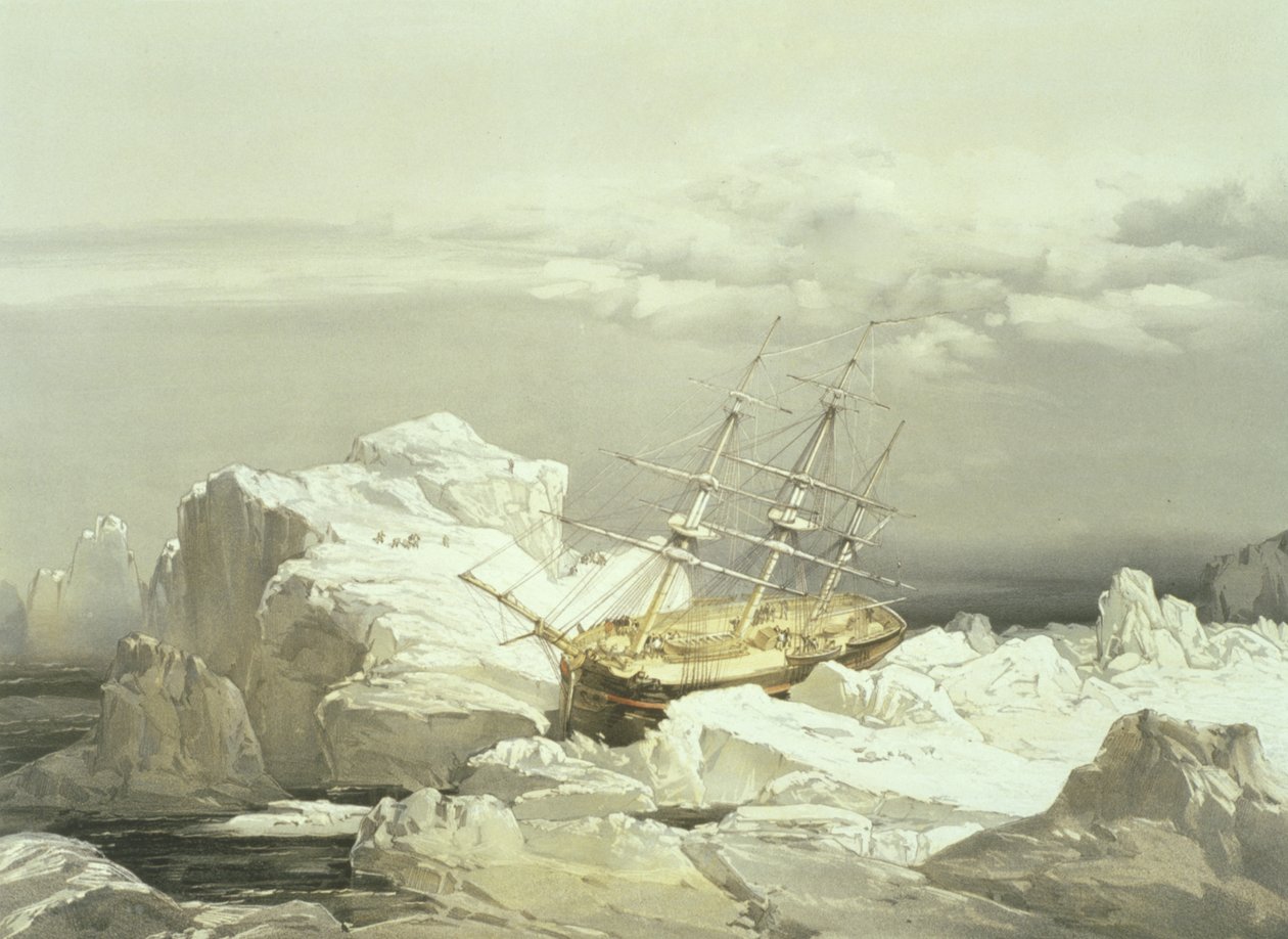 Kritieke positie van H.M.S. Investigator aan de noordkust van Baring Island, 20 augustus 1851, gegraveerd door William Simpson, gepubliceerd door Ackermann und Co., 1854 door Samuel Gurney Cresswell