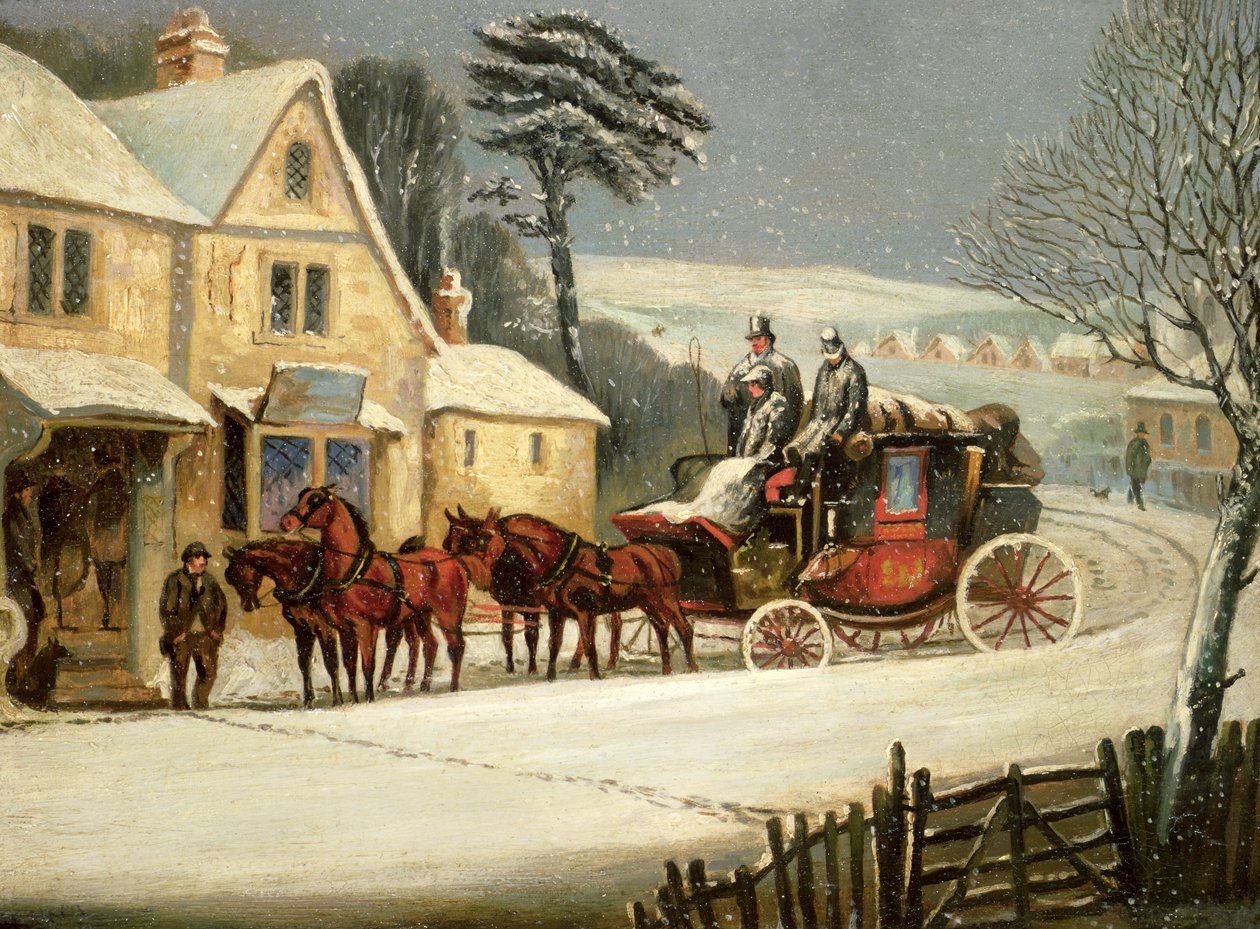 Winterscène met de Koninklijke Post gestopt bij een Herberg door Samuel Henry Alken