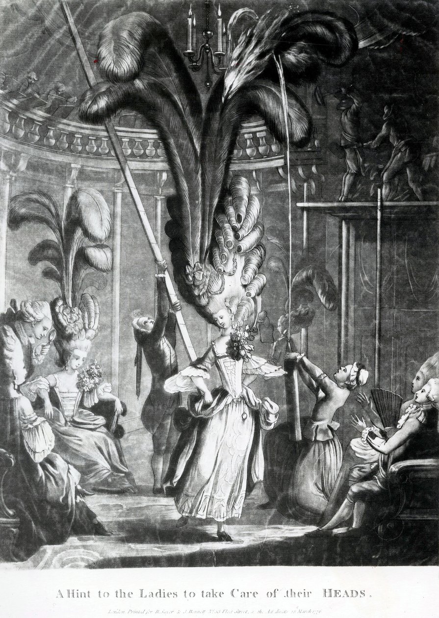 Een hint aan de dames om op hun hoofden te letten, gepubliceerd door Sayer en Bennett (1774-1786), 1776 door Samuel Hieronymous Grimm