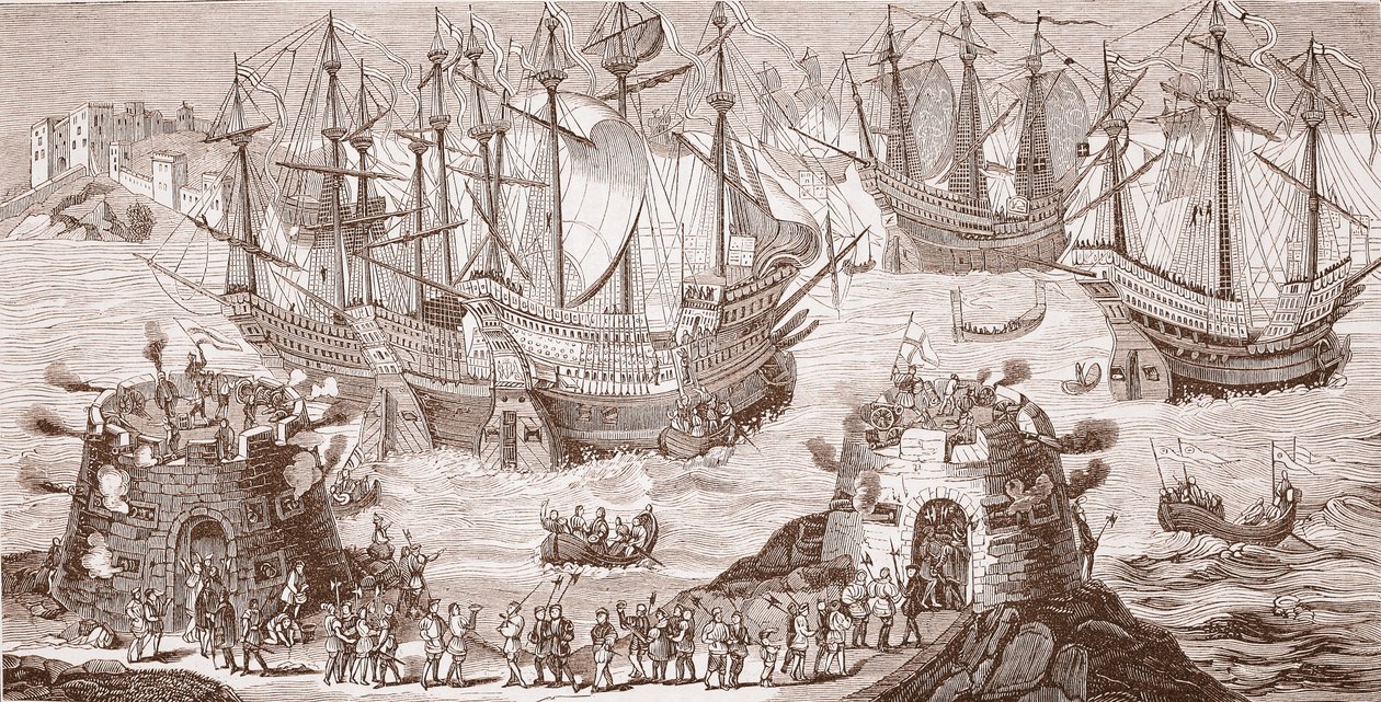 Hendrik VIII gaat aan boord in Dover, uit de grote prent uitgegeven door The Royal Society of Antiquities door Samuel Hieronymous Grimm