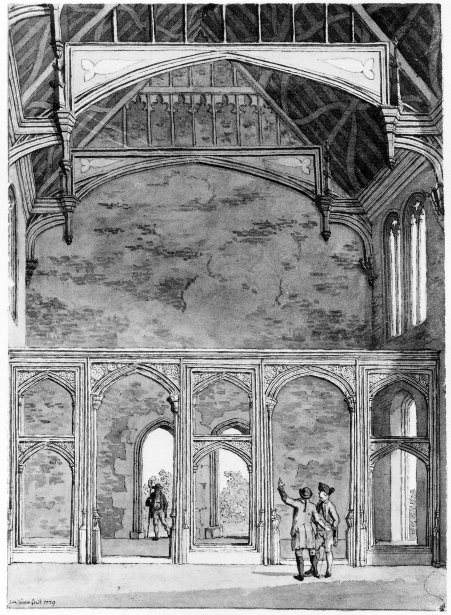 Zuidwestelijke einde van de Grote Zaal in Eltham, 1779 door Samuel Hieronymous Grimm