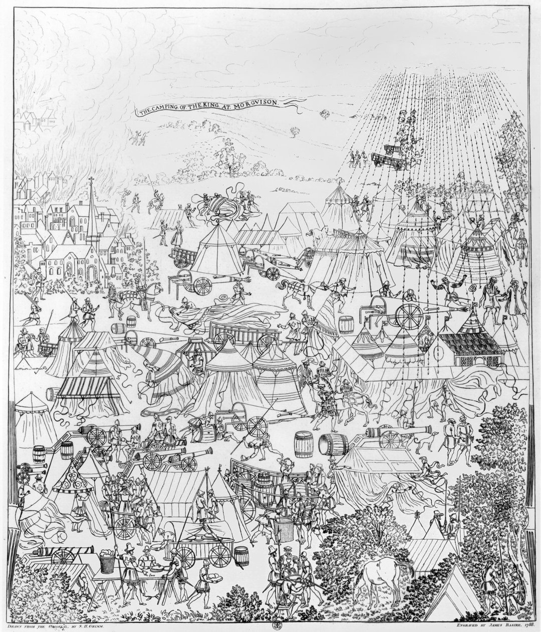 Het kampement van koning Hendrik VIII in Marquison, juli 1544, geëtst door James Basire, 1788 door Samuel Hieronymous Grimm