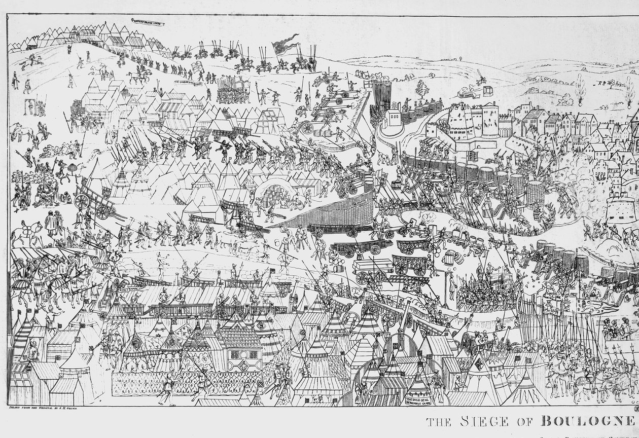 Het Beleg van Boulogne door Koning Hendrik VIII in 1544, gegraveerd door James Basire, 1788 door Samuel Hieronymous Grimm