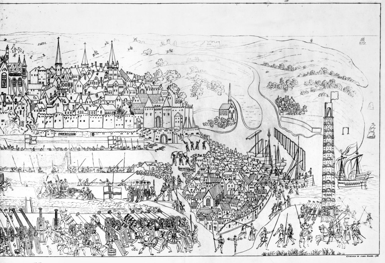 Het beleg van Boulogne door koning Hendrik VIII (1491-1547) in 1544, gegraveerd door James Basire, 1788 door Samuel Hieronymous Grimm