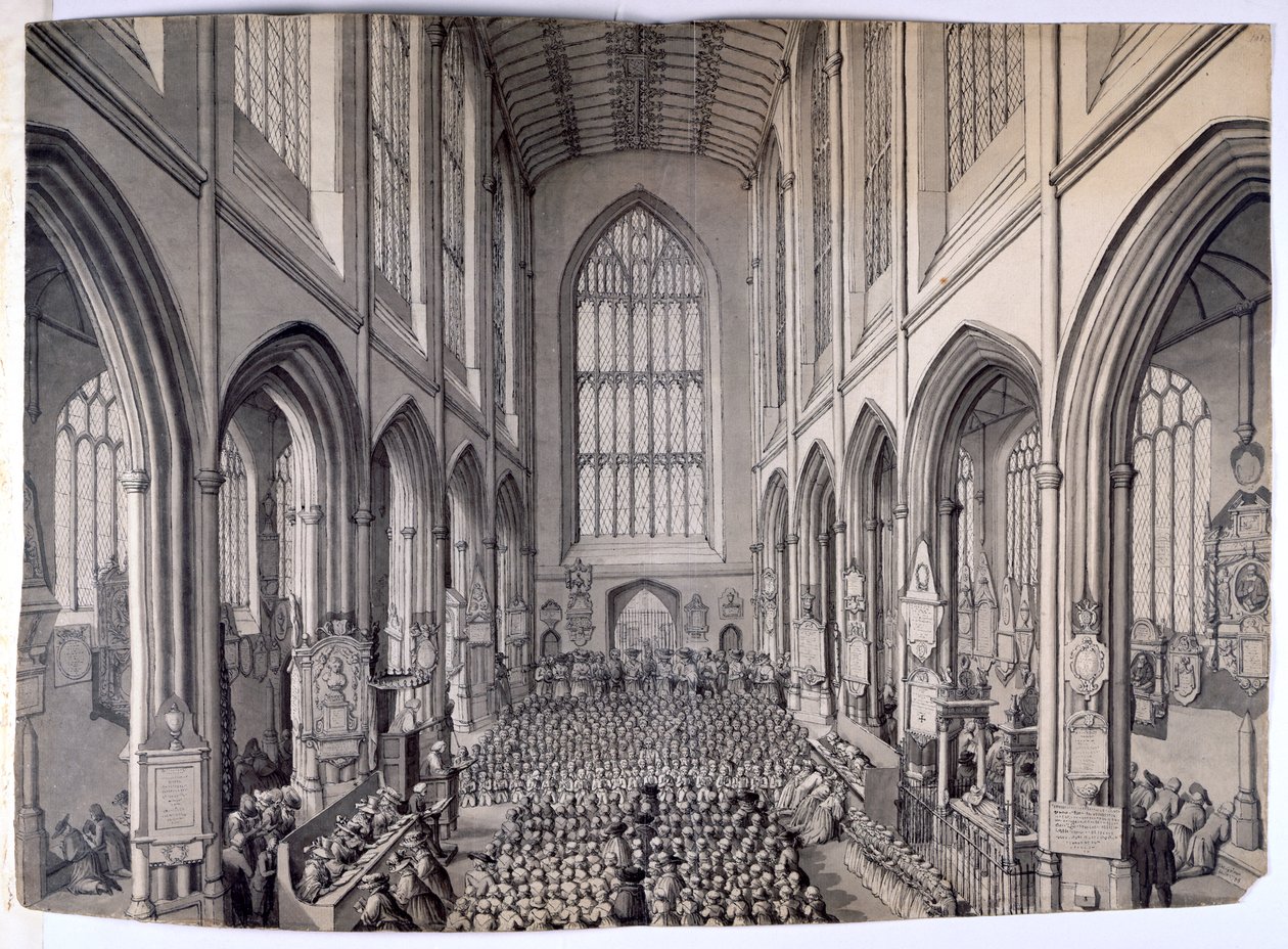Uitzicht vanaf het oostelijke uiteinde van het interieur van Bath Abbey, met gemeente door Samuel Hieronymous Grimm