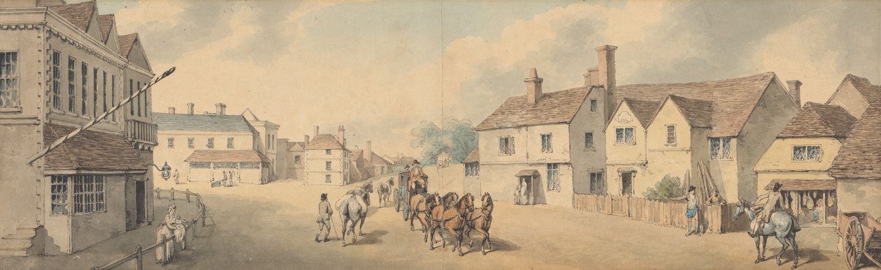 Een vierspanrijtuig dat door Chippenham, Wiltshire, rijdt door Samuel Howitt