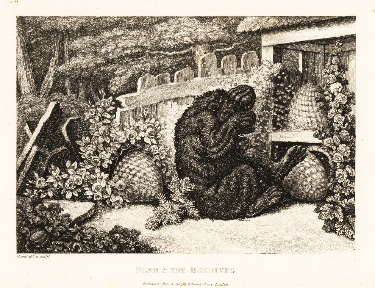 Een bruine beer aangevallen door een leger bijen. 1811 (ets) door Samuel Howitt