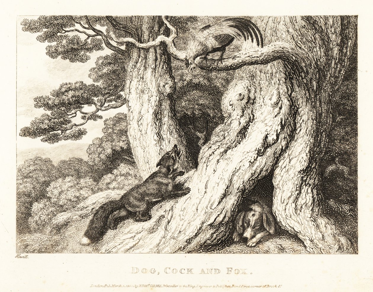 Een haan in een boom slimt een vos af, terwijl een hond slaapt. 1811 (ets) door Samuel Howitt