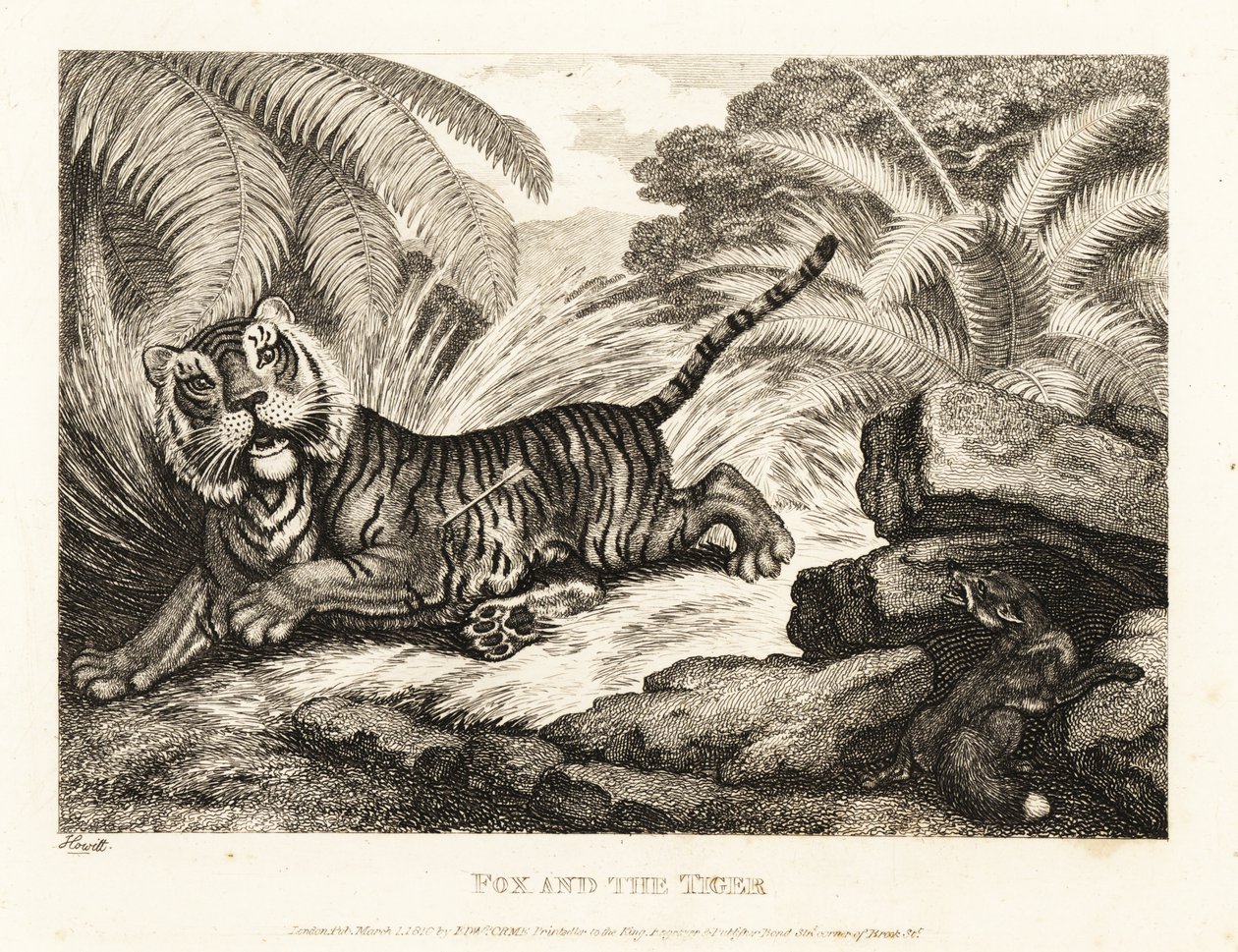 Een vos kijkt naar een gewonde tijger. 1811 (ets) door Samuel Howitt