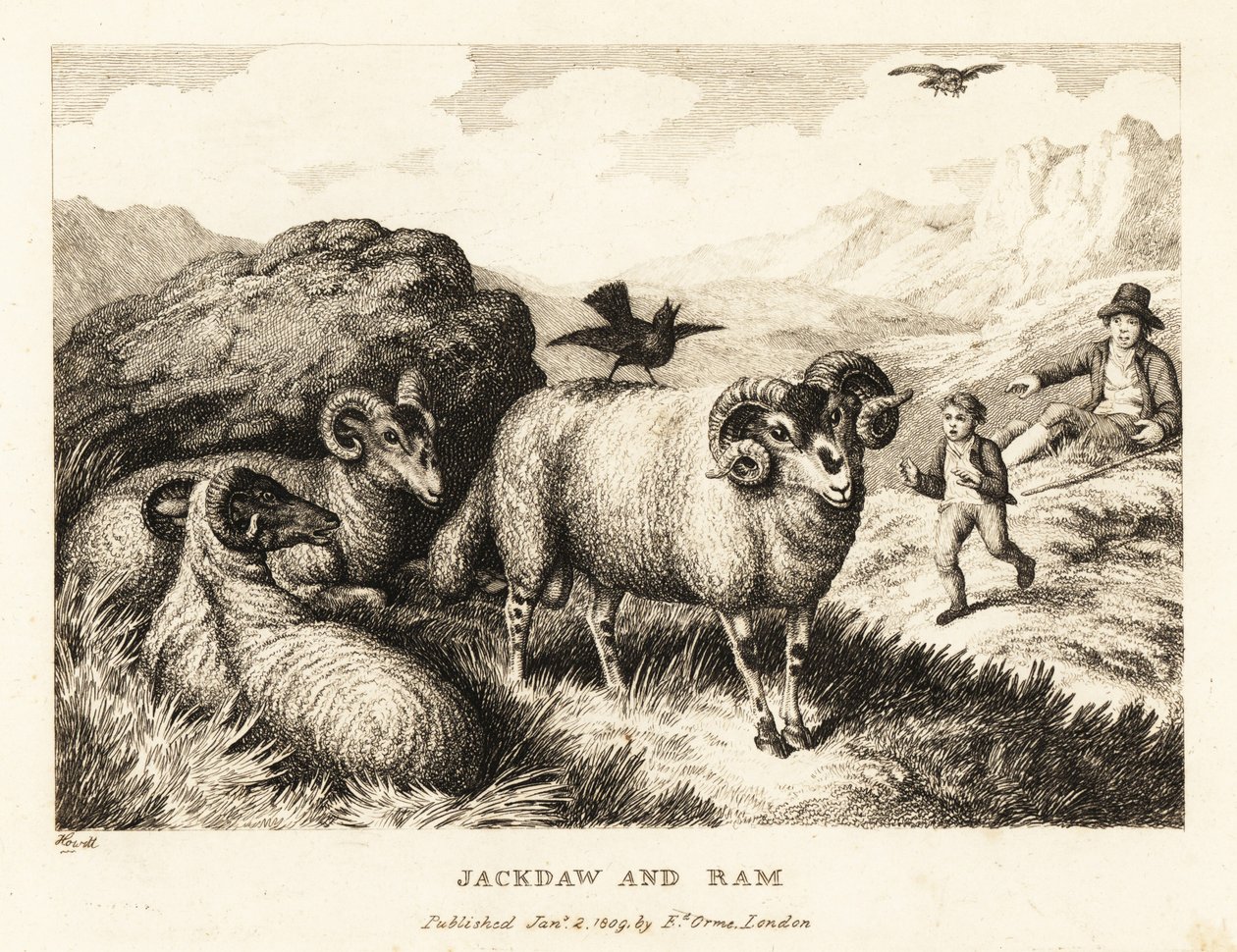 Een kauw zingt op de rug van een ram. 1811 (ets) door Samuel Howitt