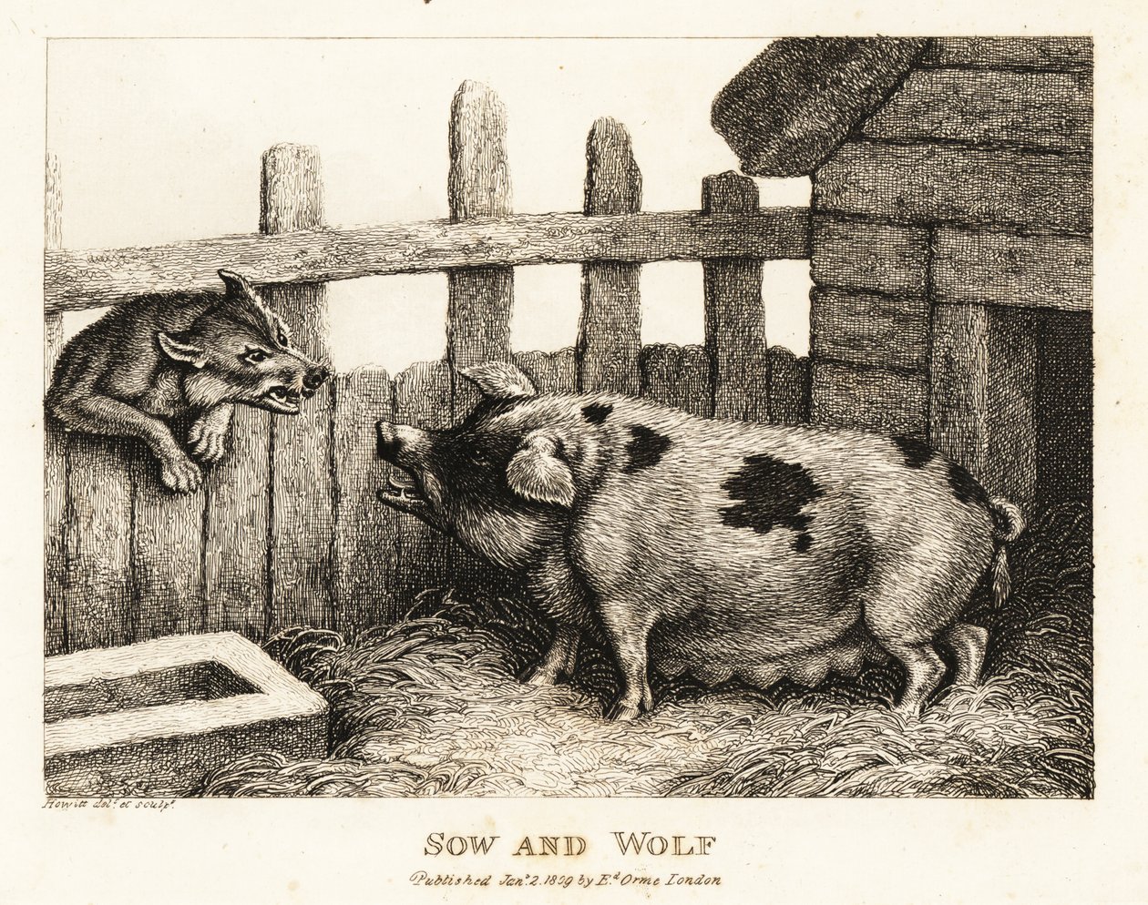 Een grote zeug in een varkensstal gromt naar een wolf. 1811 (ets) door Samuel Howitt