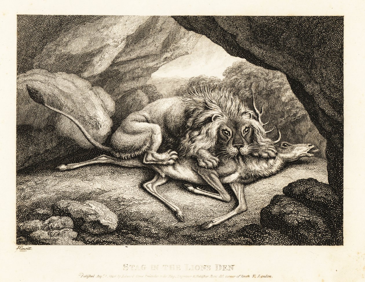 Een leeuw die het karkas van een hert in een grot eet. 1811 door Samuel Howitt
