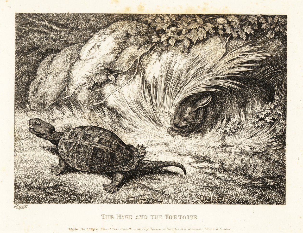 Een schildpad haalt een slapende haas in tijdens een race. 1811 (ets) door Samuel Howitt
