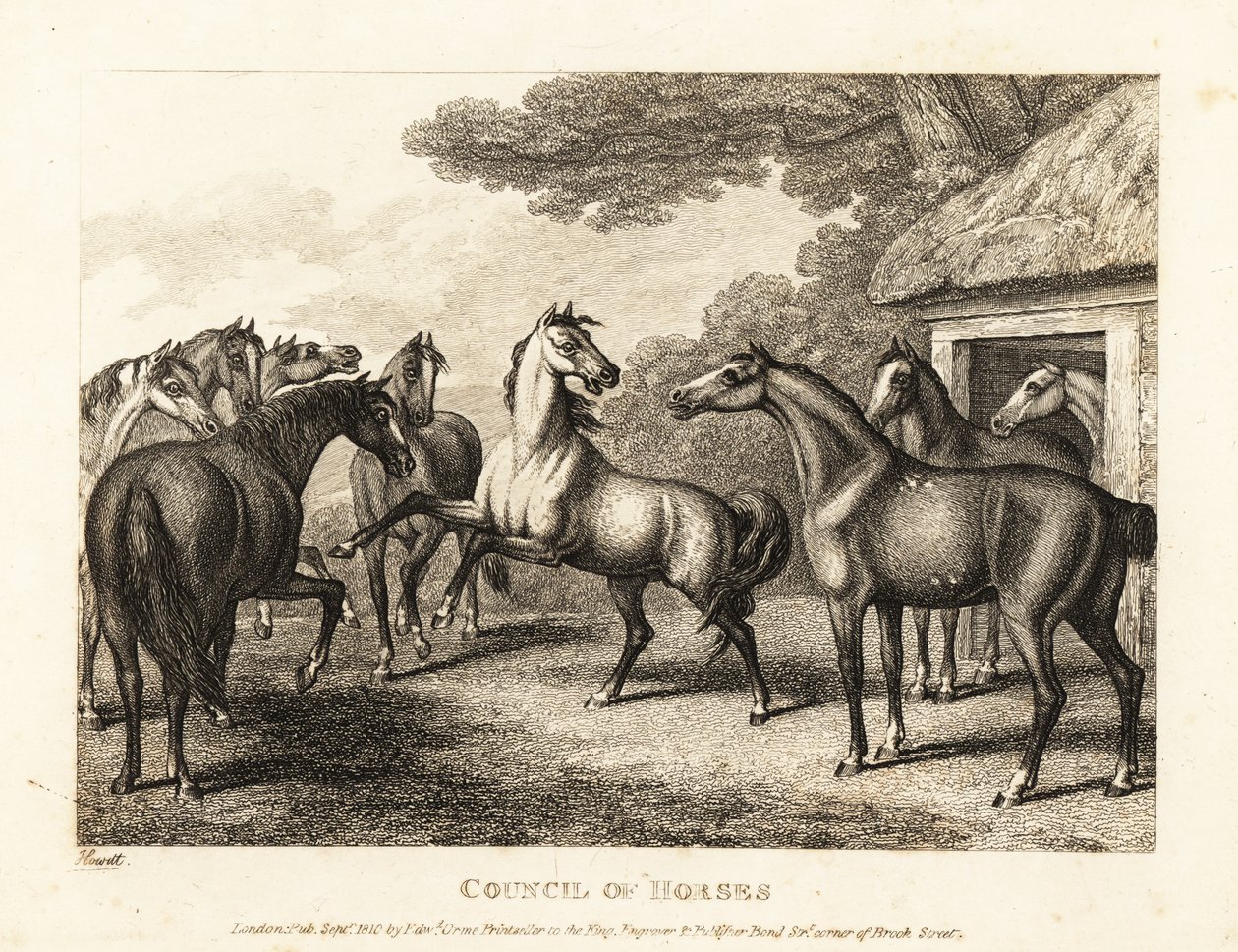 Een jong veulen probeert een muiterij in de stallen te veroorzaken. 1811 (ets) door Samuel Howitt