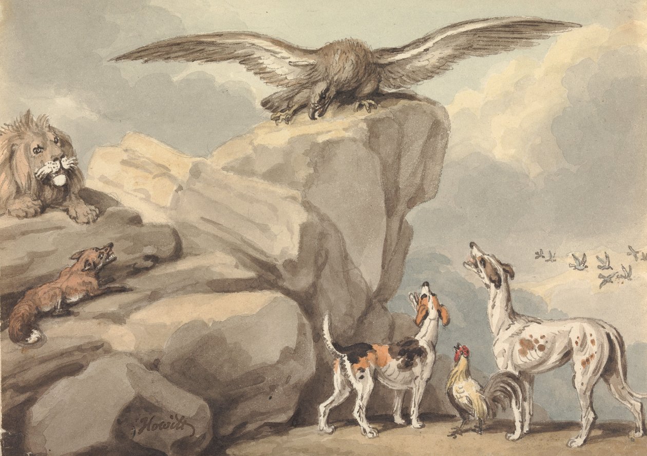 Een adelaar, neergestreken op een rots; een leeuw, een vos, twee jachthonden en een haan (mogelijk voor „De fabels van Aesop”) door Samuel Howitt