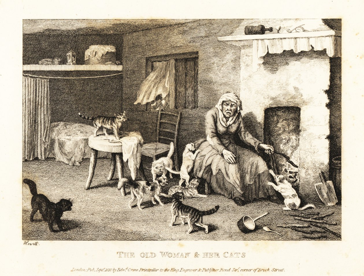 Oude heks zit bij de haard in een hut omringd door katten. 1811 (ets) door Samuel Howitt